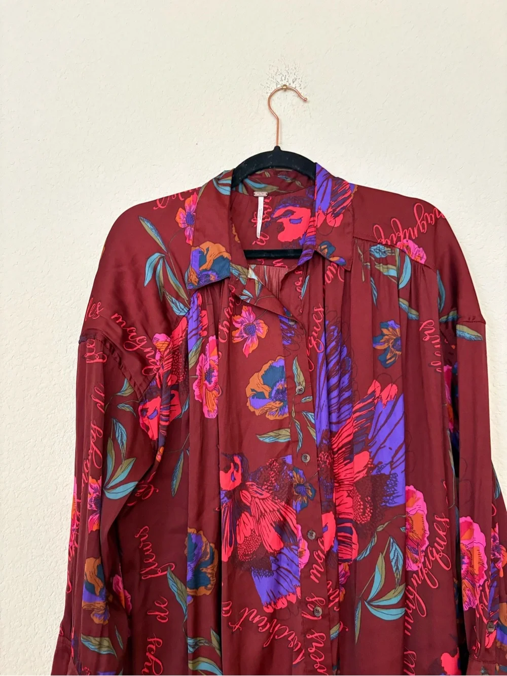 Free People Silky Night Burgundy Blue Floral Print Oversized Button-Down Shirt M